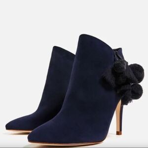 Zara Leather Navy Blue Pom Pom Detail Heel Ankle Boots Size 9.5